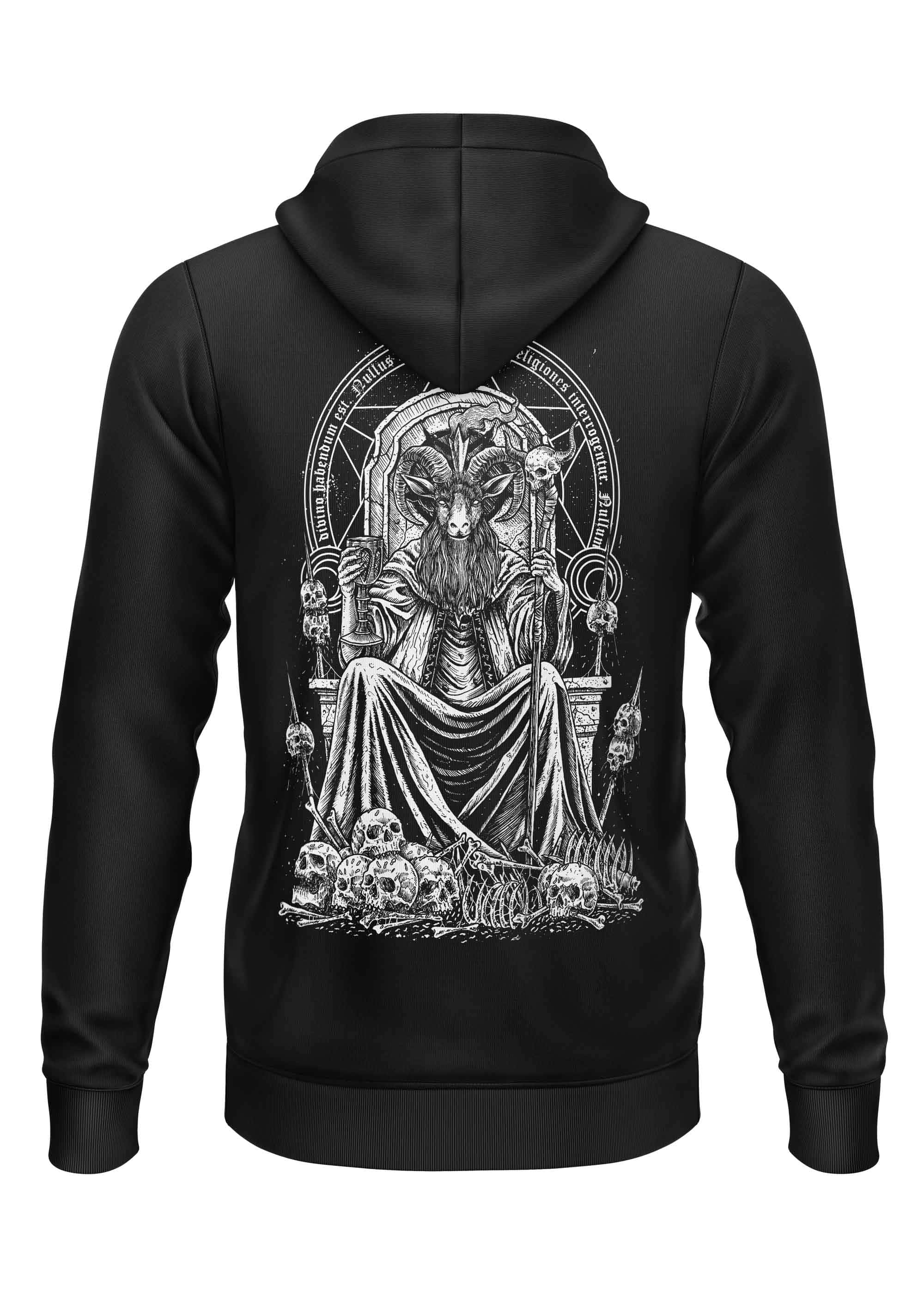 Schwarzer zip-up hoodie mit gothic horror bitte grafik eines ziegenköpfigen baphomet auf thron mit schädeln auf der rückseite